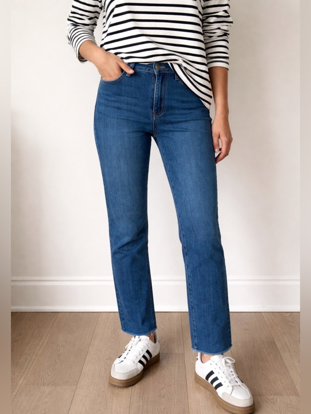 PAIGE Hoxton Slim Cropped Jeans - Blue Wash Raw Hem Size 29